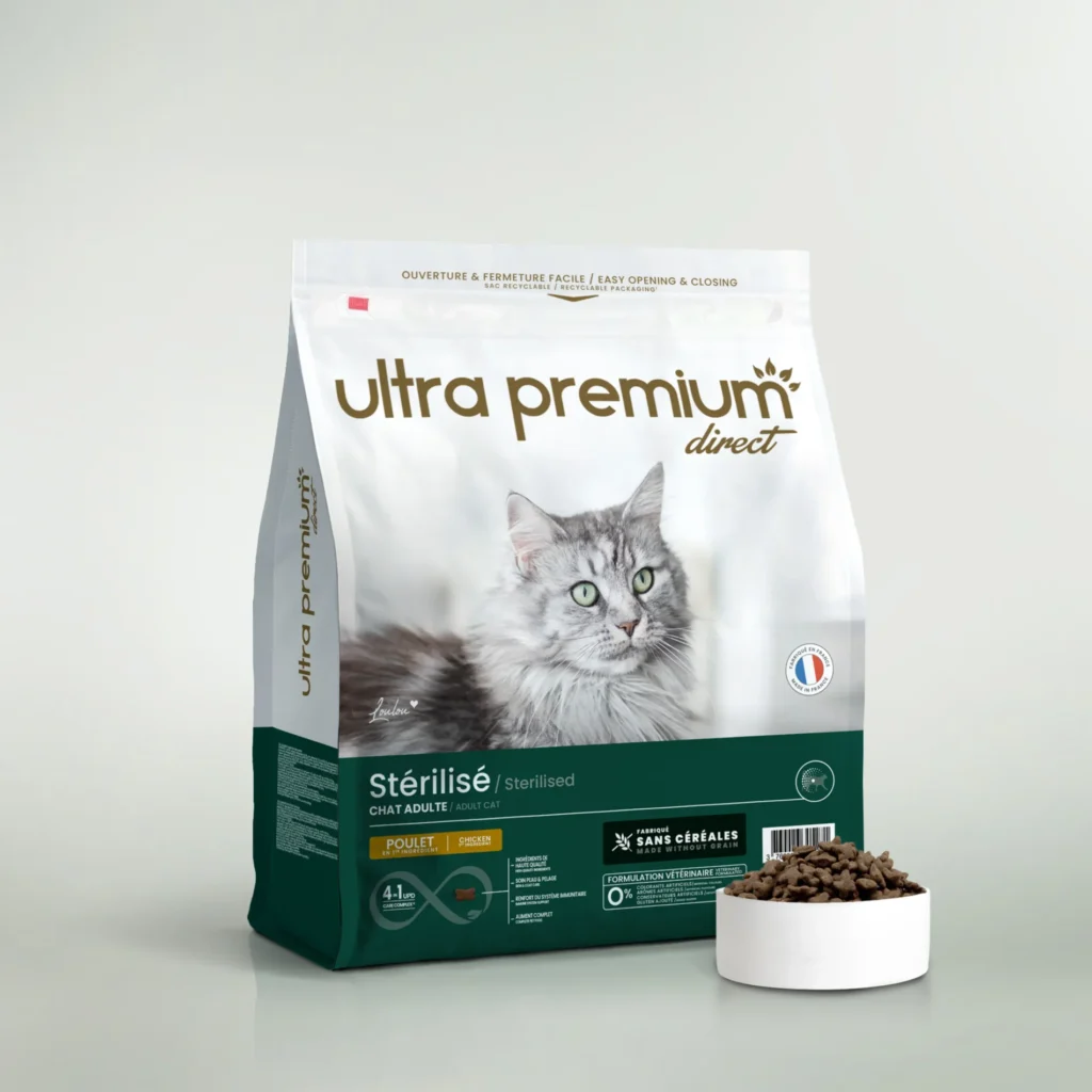 Croquettes sans céréales pour chat adulte stérilisé ou d&rsquo;intérieur